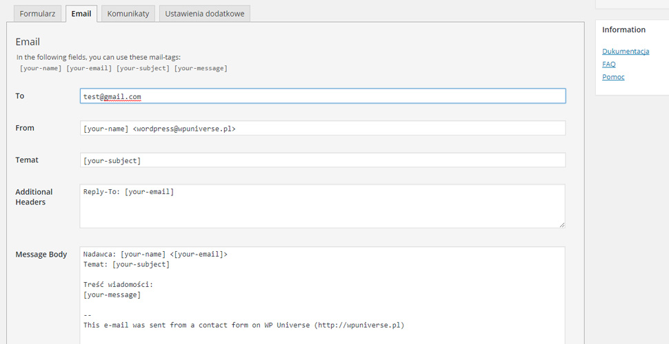 Konfiguracja wtyczki Contact Form 7 email
