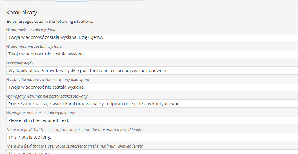 Konfiguracja wtyczki Contact Form 7 komunikaty